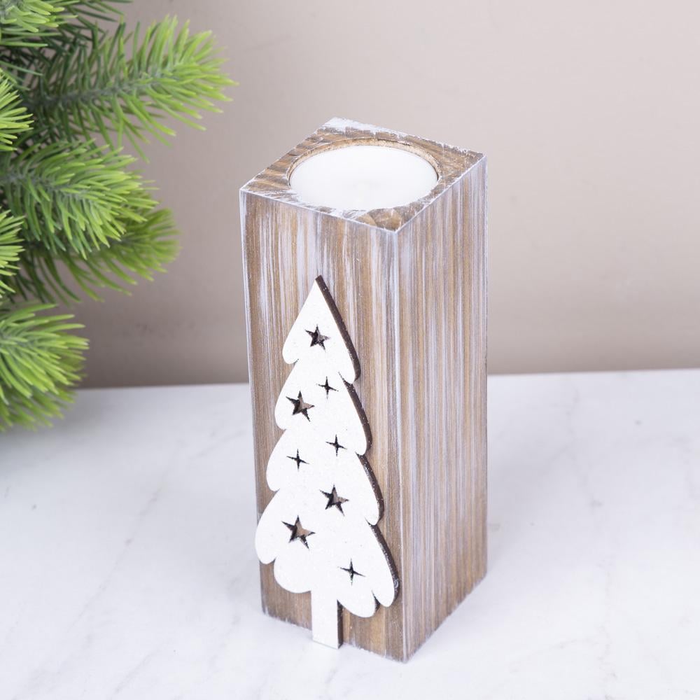 Підсвічник дерев'яний ялинка з білим глітером 14 см (5162-3)