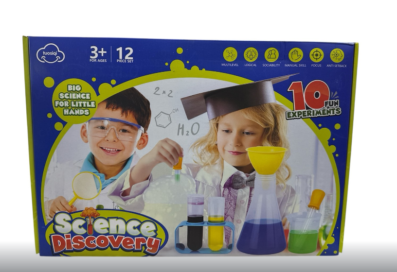 Набір хіміка 304 b 12 елементів мірна склянка лійка піпетка лупа пінцет 4 колби підставки окуляри таця в коробці