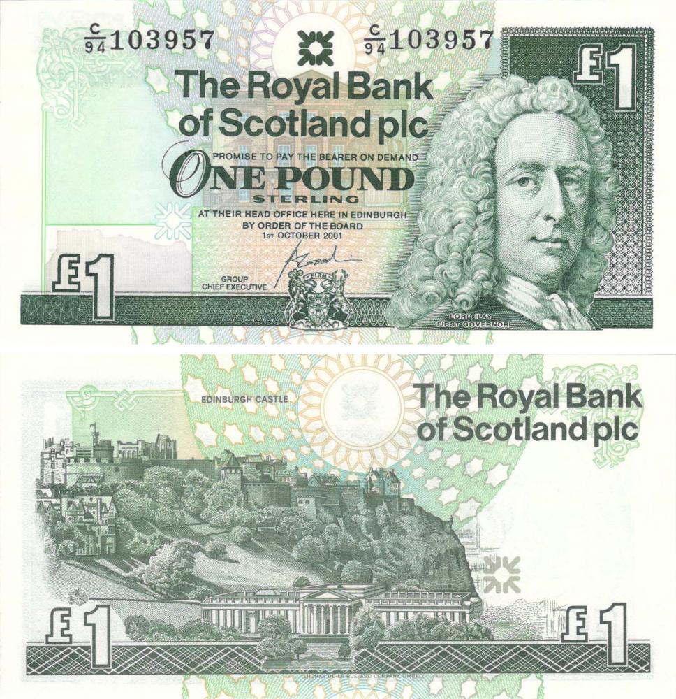 Коллекционная банкнота Шотландия 1 фунт 2001 UNC P351 (Б09020)