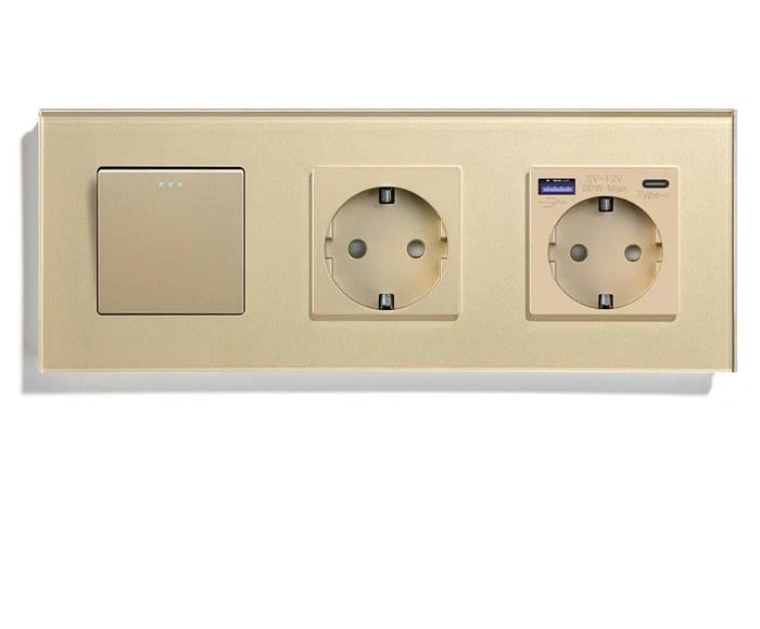 Выключатель перекрестный LUXION с розеткой USB A+C 20Вт с заземлением/защитными шторками стекло Золотой