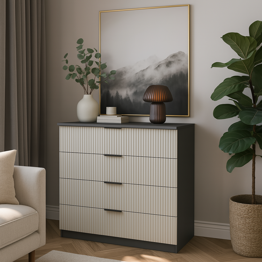 Комод К4 4Я SENAM 945х1000х450 мм корпус ДСП Серый Графит фасад МДФ краска RAL9001 Светло-бежевый фрезерование Плаше Грос Комод К4 4Я SENAM 945х1000х450 мм корпус ДСП Серый Графит фасад МДФ краска RAL9001 Светло-бежевый фрезерование Плаше Грос