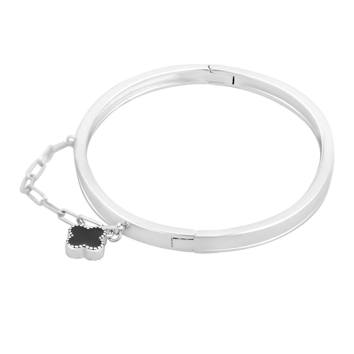 Браслет срібний жорсткий з чорним оніксом у формі конюшини