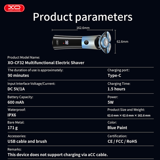 Електробритва Xo CF32 для голення портативна аккумуляторна IPX6 600 mAh LED-дисплей Синій (CF32) - фото 5