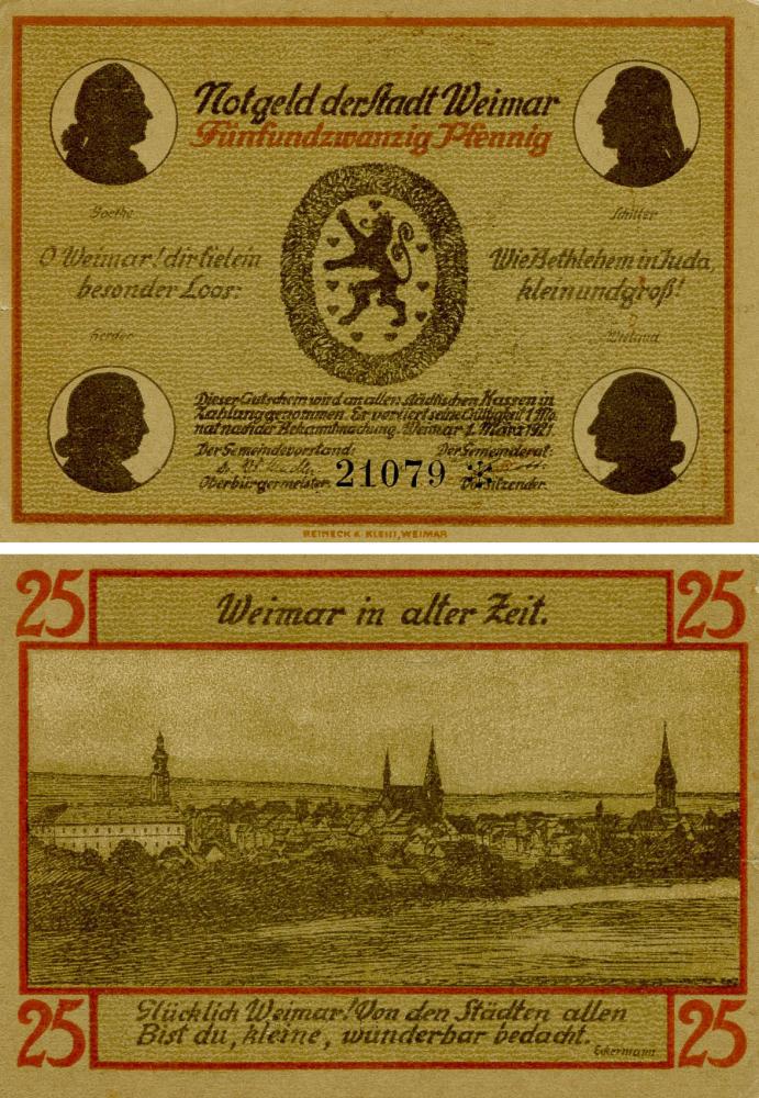 Коллекционная банкнота Германия Нотгельд 25 пфеннигов 1921 F-VF Веймар (Б18522)
