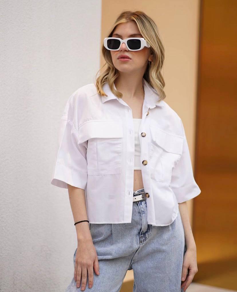Сорочка жіноча MIX RAY 3656 коротка широка з накладеними кишенями на гудзиках L Білий (2671) - фото 7