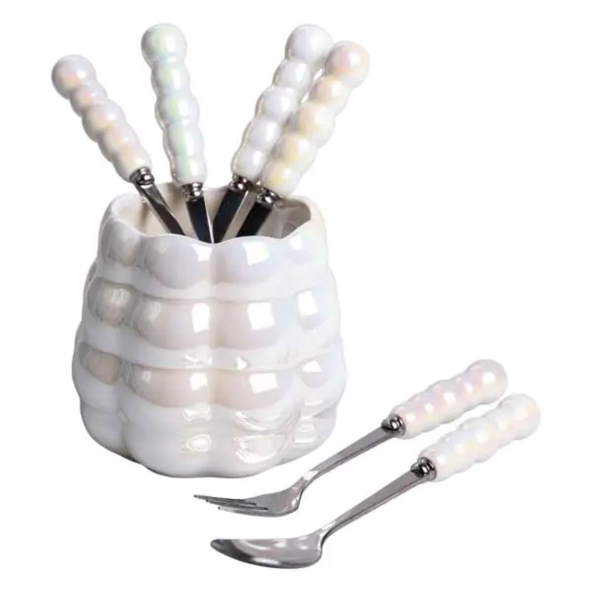 Набір десертних виделок і ложок на 3 персони з підставкою 7 пр. Перламутровий - фото 3 Набір десертних виделок і ложок на 3 персони з підставкою 7 пр. Перламутровий - фото 3