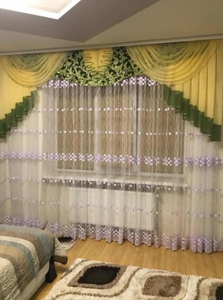 Ламбрекен в гостиную/спальню блекаут/шифон 3 м Зеленый/Желтый (308)