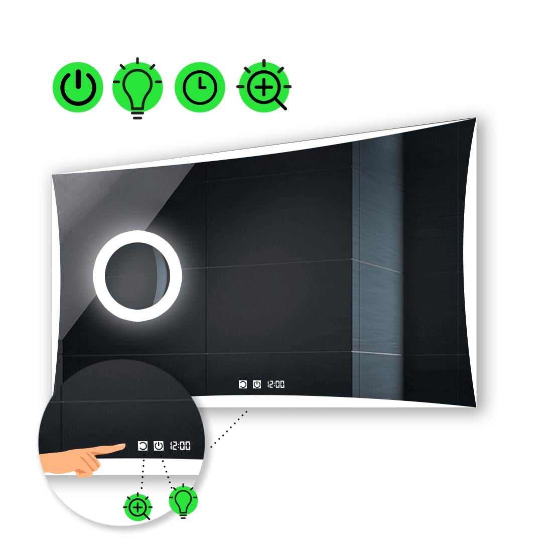 LED-зеркало 100x60 см с двумя сенсорами часами и линзой с подсветкой модель Amado (Amadog118)