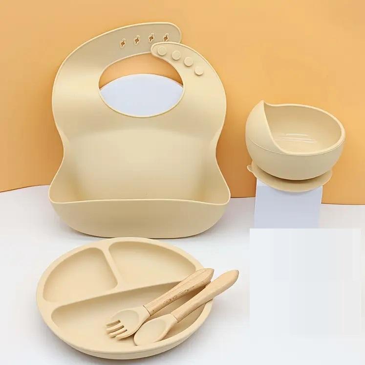Дитячий набір посуду для годування 5в1 силіконовий Бежевий (Е051502) - фото 6