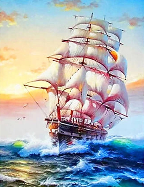 Алмазная мозаика Шхуна Морской пейзаж на подрамнике полная 30х40 см (178885)