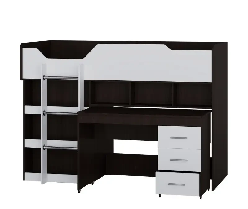 Кровать-чердак Эверест Микс с выкатным столом Венге/Белый