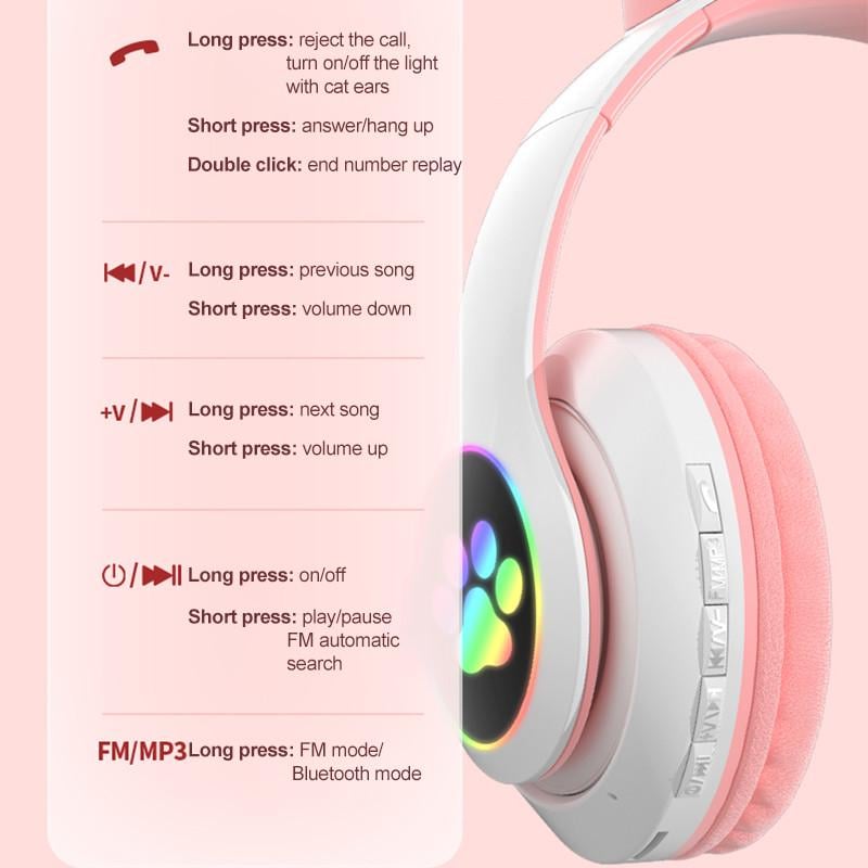 Наушники Кошачьи ушки беспроводные с подсветкой RGB и MP3 Cute Headset Розовый - фото 5