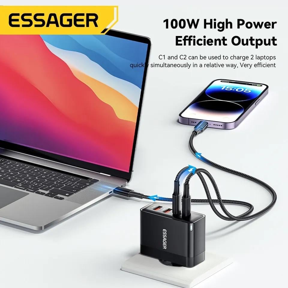 Зарядний пристрій мережевий Essager GAN 100W 2 Type-C/2 USB (25397376) - фото 6 Зарядний пристрій мережевий Essager GAN 100W 2 Type-C/2 USB (25397376) - фото 6