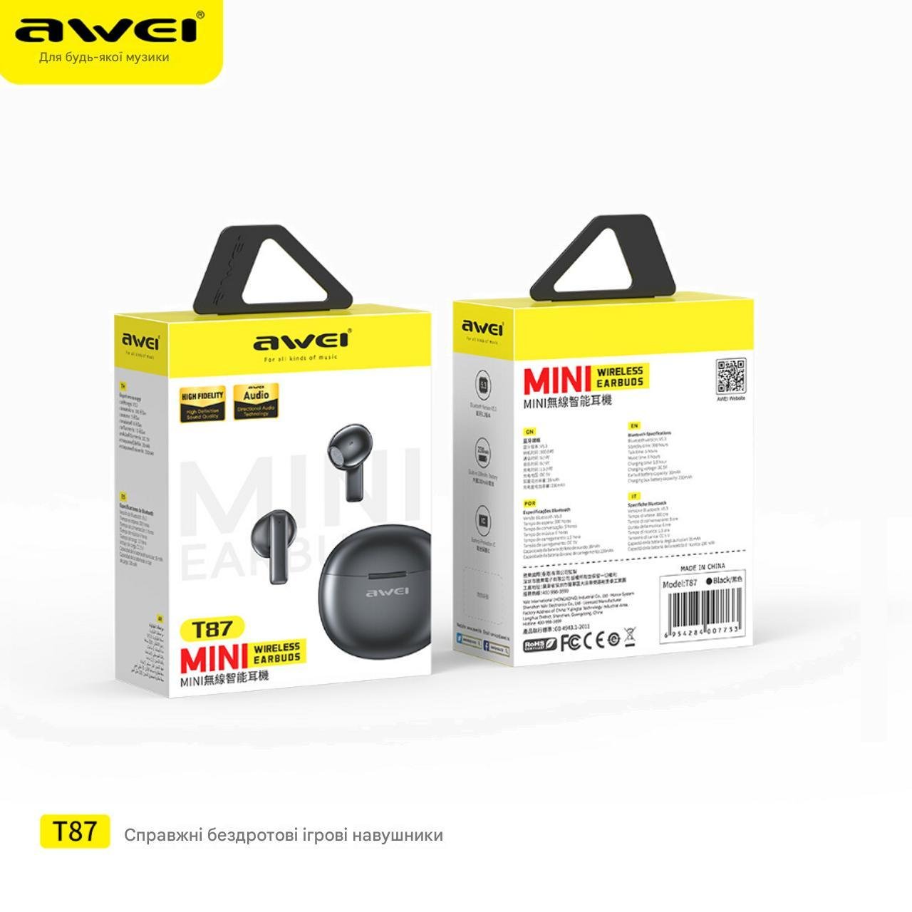 Наушники беспроводные Awei T87 Mini Wireless Earbuds Bluetooth Hi-Fi Stereo Black (180135) - фото 8 Наушники беспроводные Awei T87 Mini Wireless Earbuds Bluetooth Hi-Fi Stereo Black (180135) - фото 8