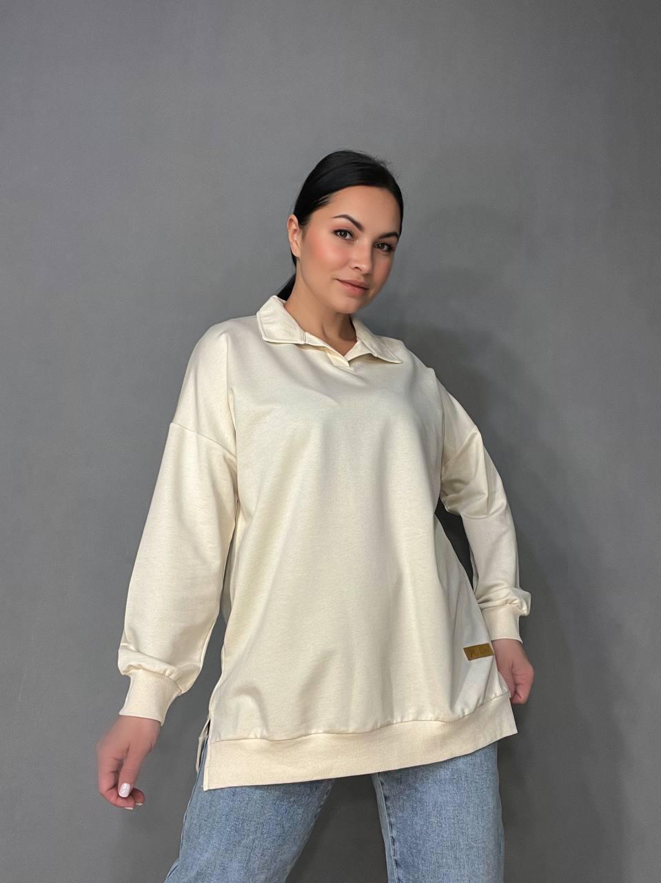 Свитшот женский MY CITY 8054 удлиненный с воротничком разрезы по бокам оверсайз р. 48 Молочный (3304) - фото 10 Свитшот женский MY CITY 8054 удлиненный с воротничком разрезы по бокам оверсайз р. 48 Молочный (3304) - фото 10