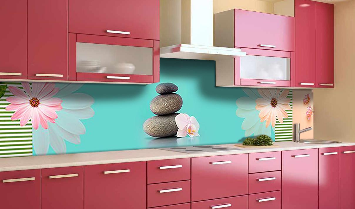 Кухонный фартук Камни и цветы с самоклеющейся виниловой пленки 65х250 см Голубой