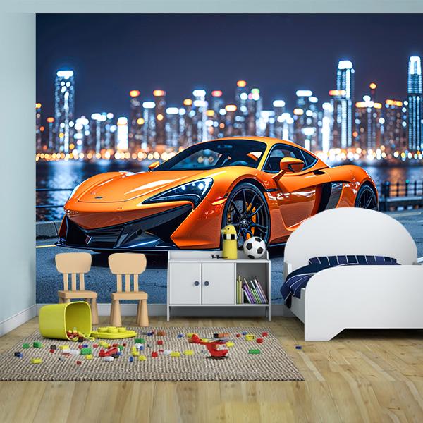 Фотошпалери флізелінові у дитячу Оранжева машина і нічне місто 3D 100х100 см (633)