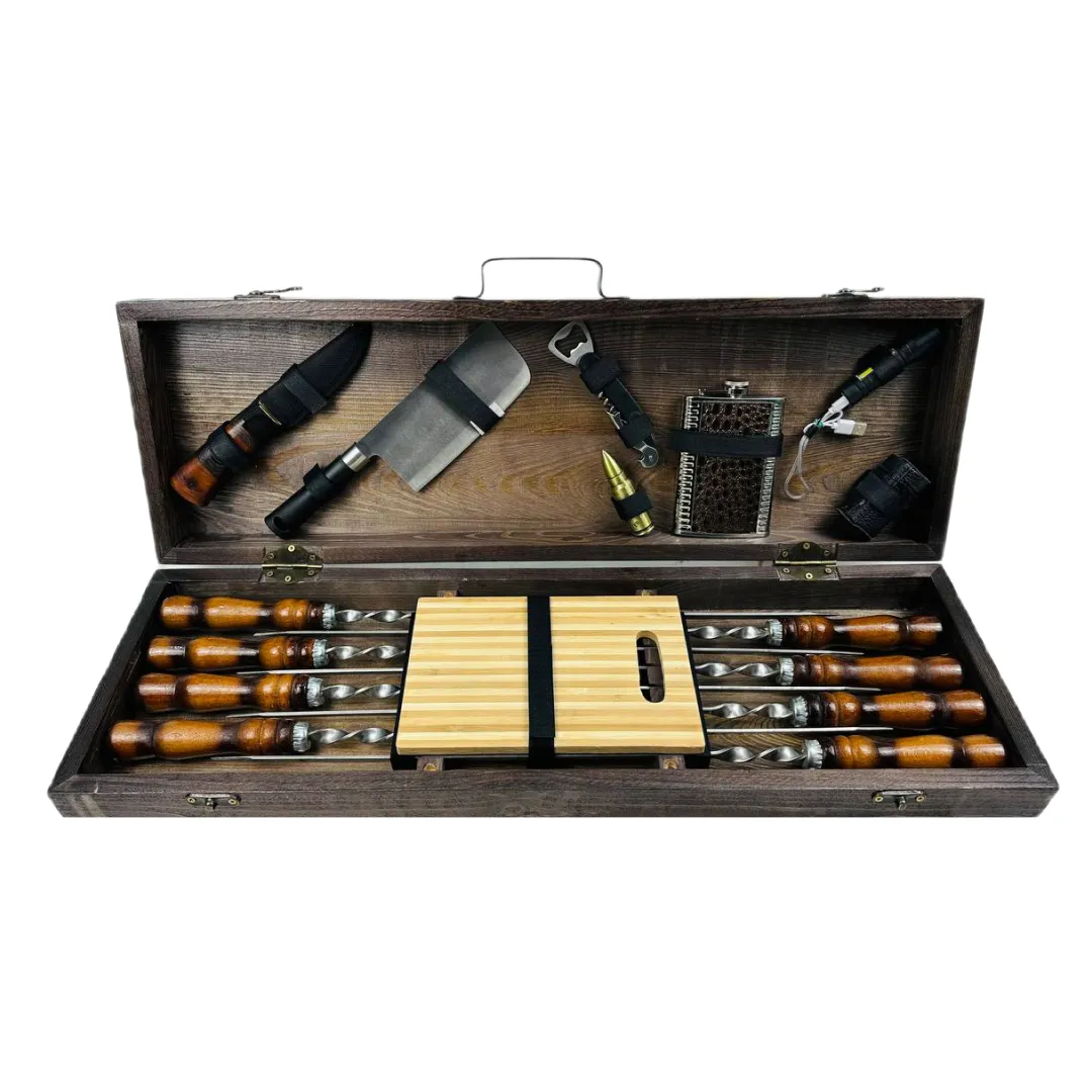Набір шампурів у кейсі Грізлі люксовий ящик дерев'яний з нержавіючої сталі (2-10-KS-7808)