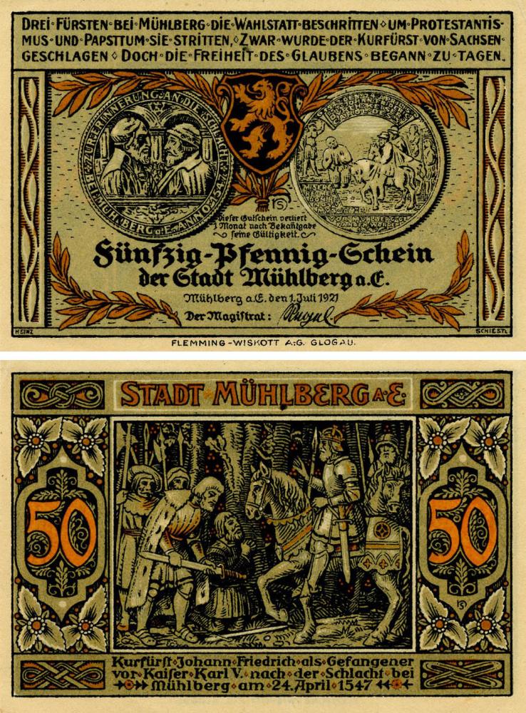 Коллекционная банкнота Германия Нотгельд 50 пфеннигов 1921 F-VF Мюльберг (Б18651)