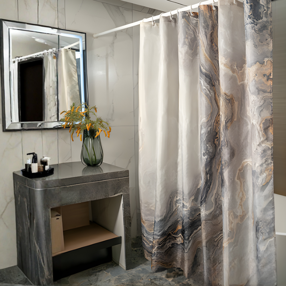 Шторка для ванной и душа с кольцами водоотталкивающая с крючками принт мраморная 180x180 см Золотой Шторка для ванной и душа с кольцами водоотталкивающая с крючками принт мраморная 180x180 см Золотой