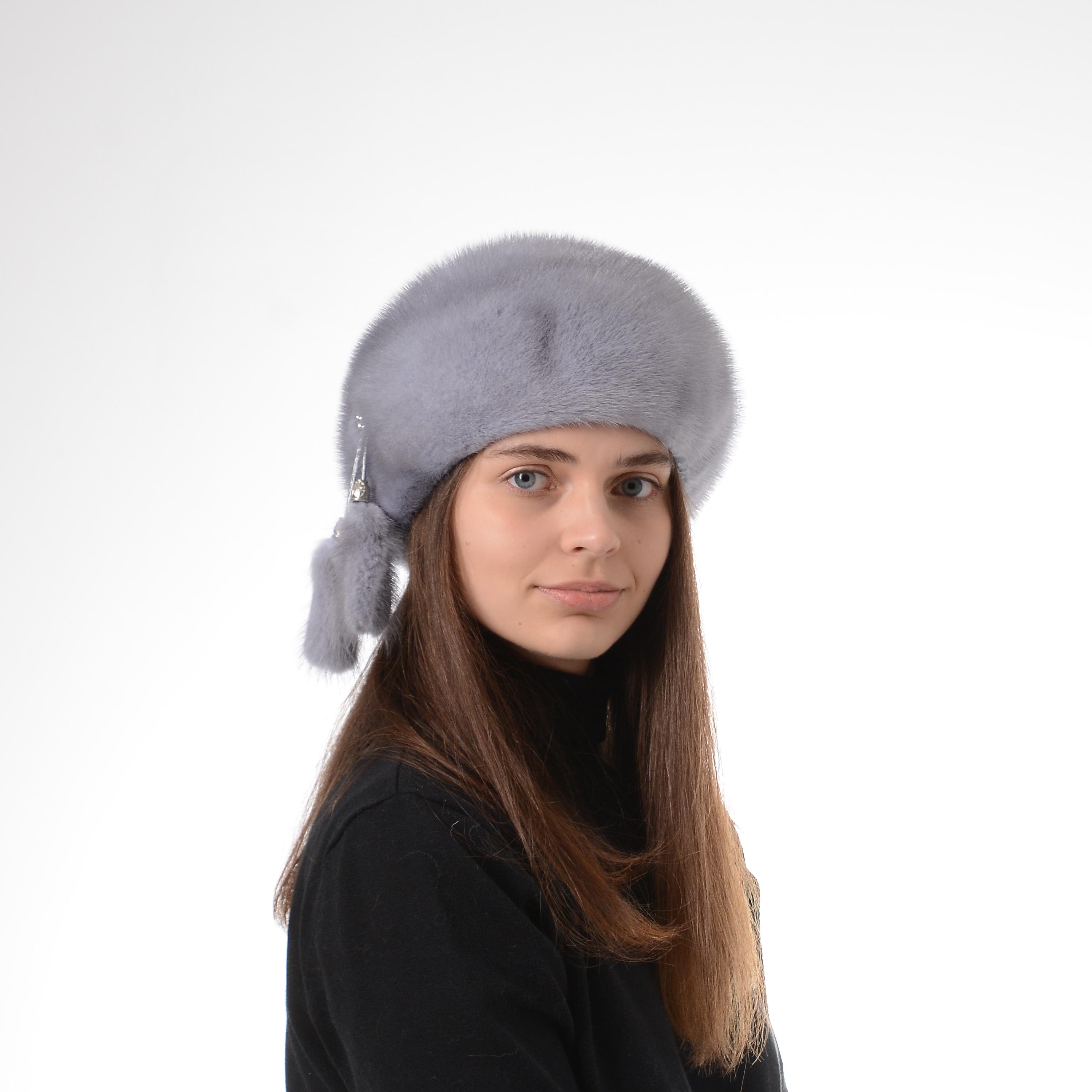 Берет женский зимний Меховой стиль Классический из натурального меха норки XXS-S Сапфир (024/J/1)