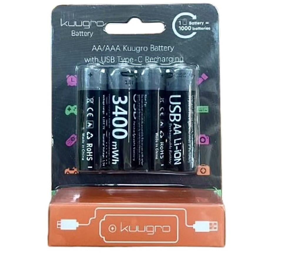 Батарейки аккумуляторные KUUGRO АА 3400 mAh TYPE-C 1,5V/кабель 4в1 (2234)