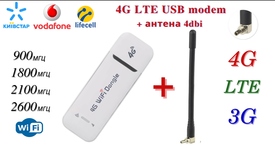 Модем USB WI-FI 3G/4G LTE modem 3в1/антена 4db та Безлімітний пакет Vodafone інтернет - фото 2