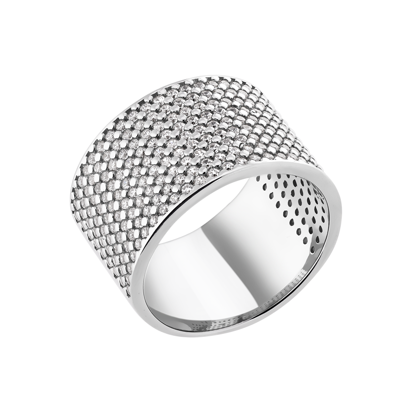 Кольцо серебряное большое широкое с маленькими белыми фианитами р. 18