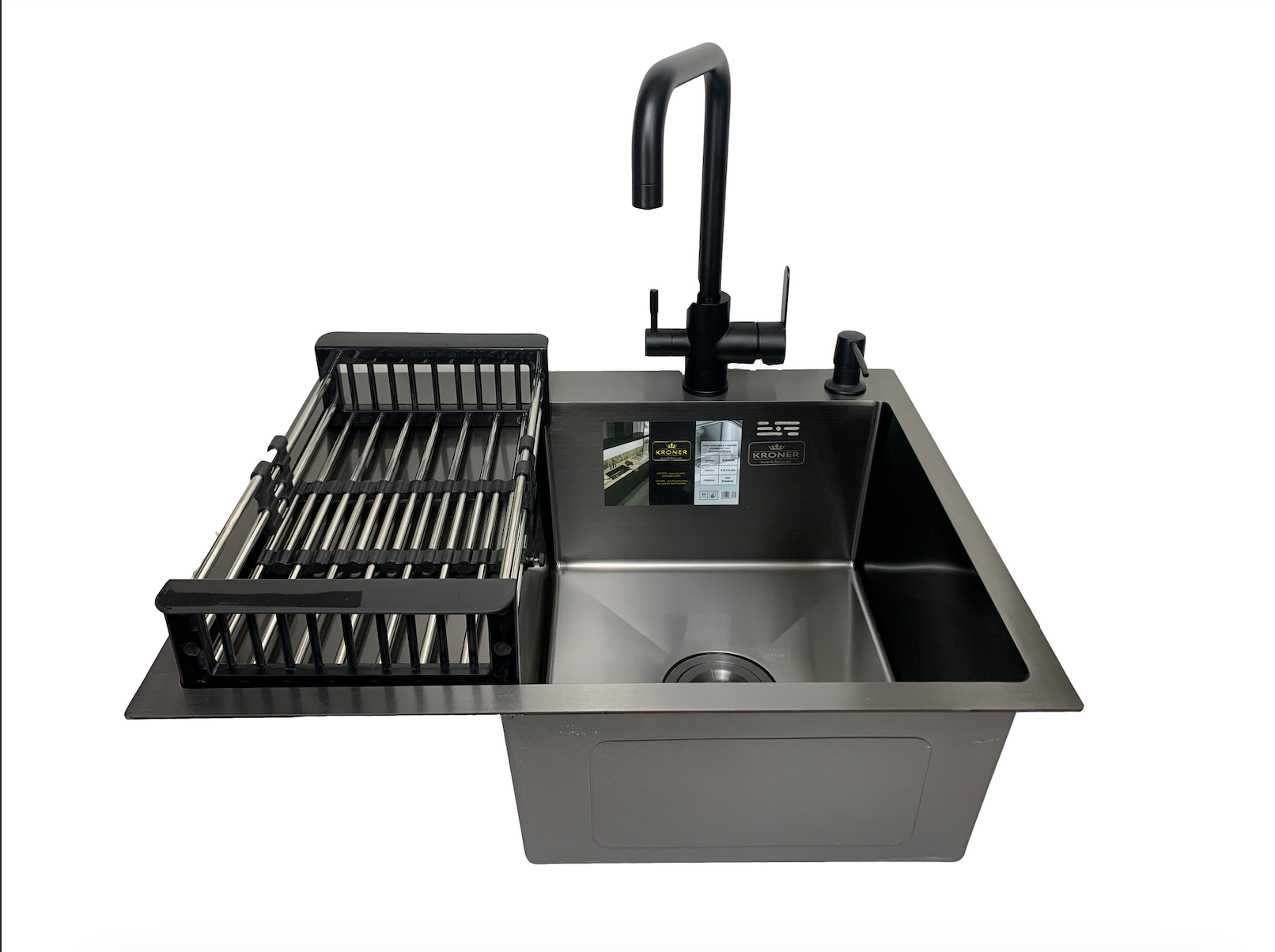 Мойка кухонная Kroner 63x50 см чаша справа в черном PVD + смеситель/корзина/дозатор