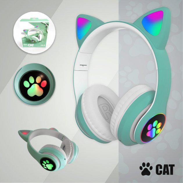 Наушники беспроводные YR-28 Cat Ear Headset с ушками и Led подсветкой Мятный - фото 3