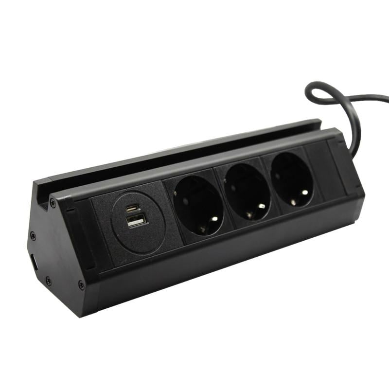 Розетка кухонна меблева горизонтальна з кабелем 3x16А USB A+C 3,4А Чорний (3165100103)