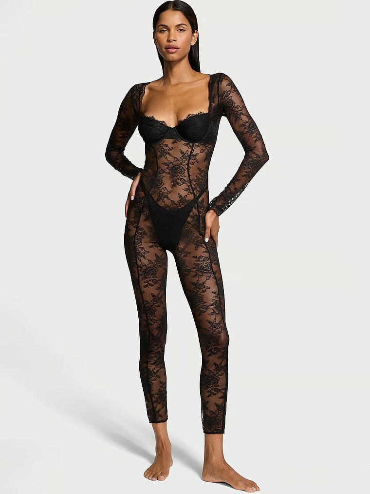 Піжама Victoria's Secret Very Sexy Rose Lace Balconette Catsuit XS Чорний (26886624)