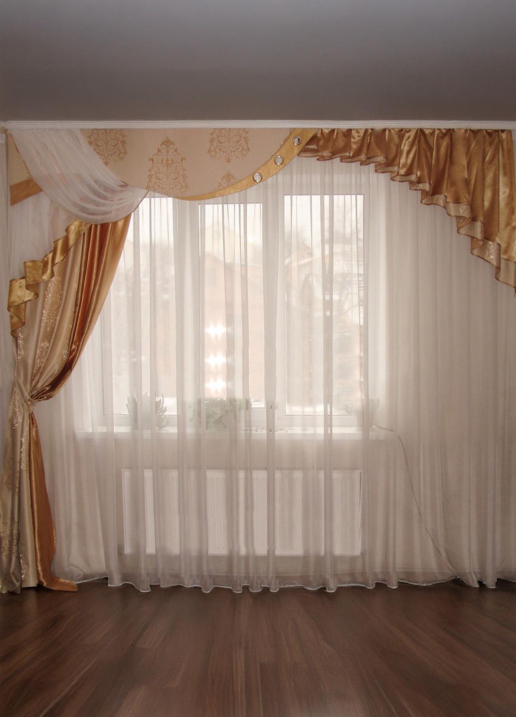 Ламбрекен жесткий со шторой Firanka Damask Корона 3 м Золотисто-молочный (48ж)