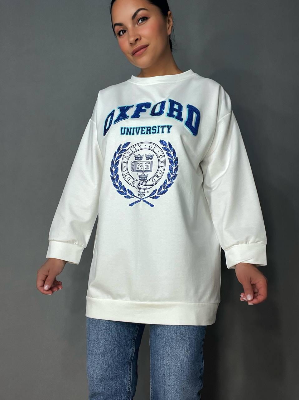 Свитшот женский LSK 6011 удлиненный туника вышивка впереди OXFORD пайетки OS Белый (1869) - фото 4