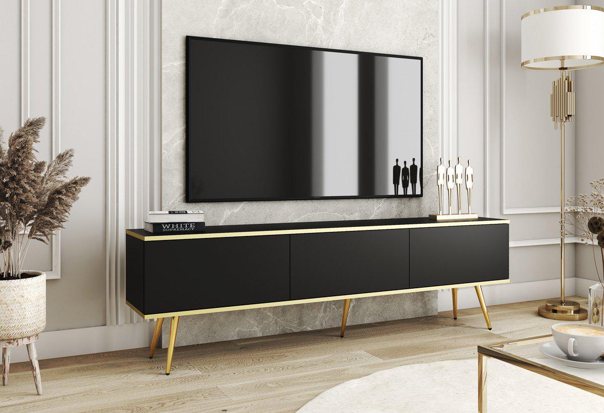 Тумба под телевизор Perfect Home Oro RTV175 3-дверная с золотыми ножками Черный (PFH-091321)