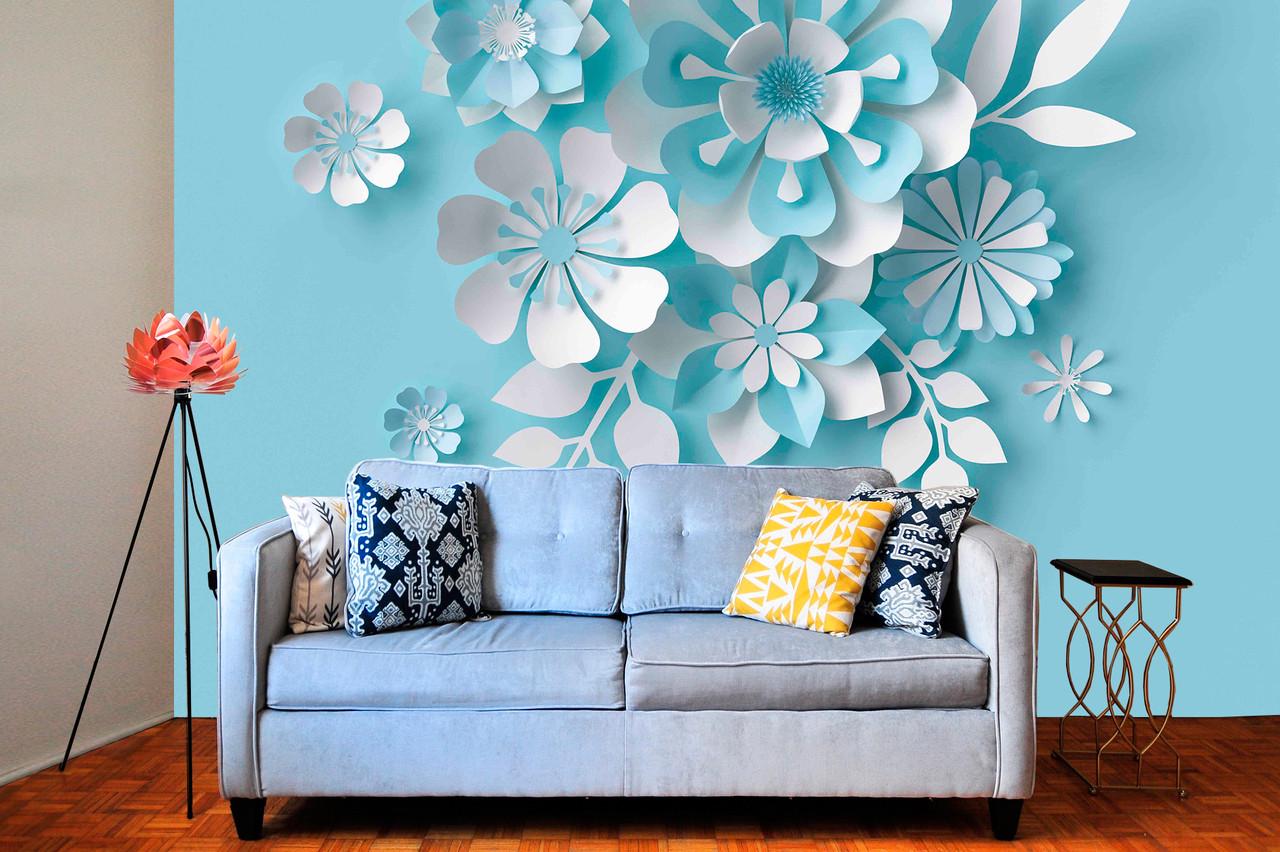 Фотообои 3D флизелиновые цветочные для спальни/зала/кухни Бело-голубые цветы на голубом