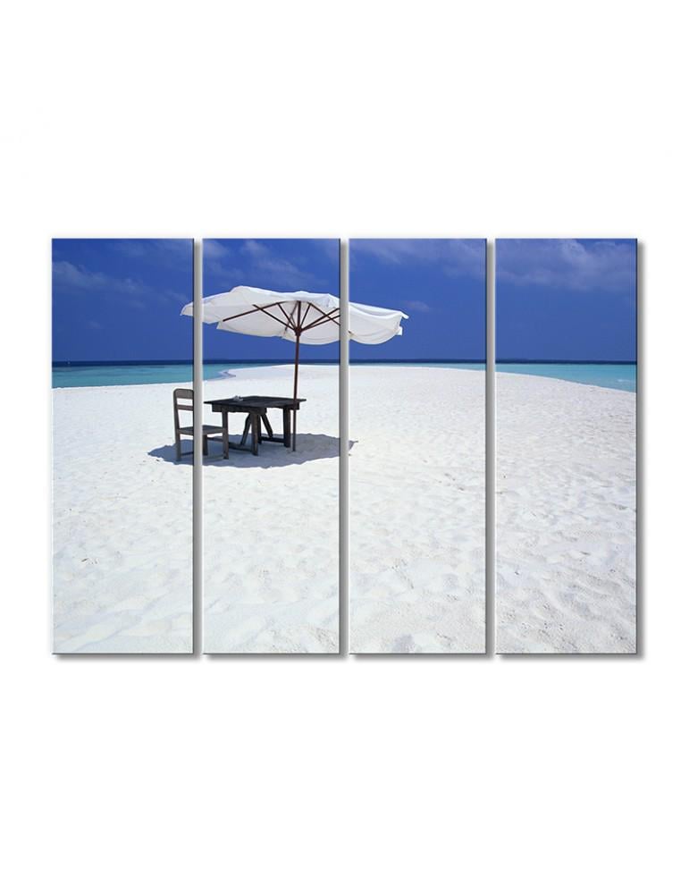 Картина модульная Стол-зонтик на белом песке 4 модуля 80x120 см Картина модульная Стол-зонтик на белом песке 4 модуля 80x120 см