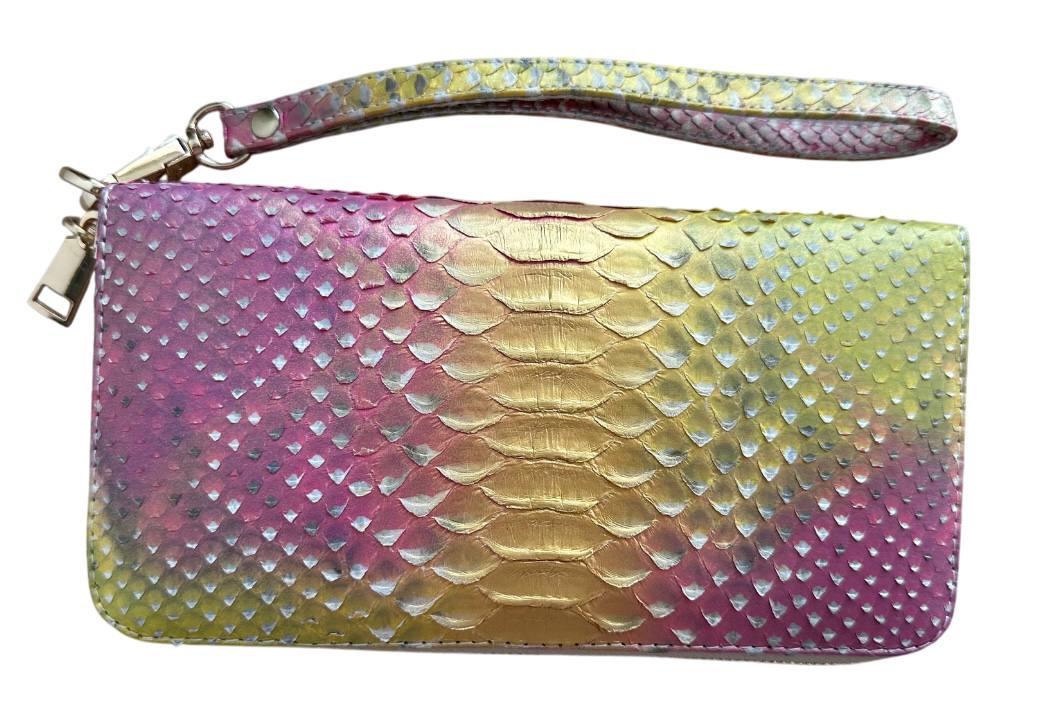 Кошелек со съемной ручкой Ekzotic leather из натуральной кожи питона Розово-желтый (snw35)
