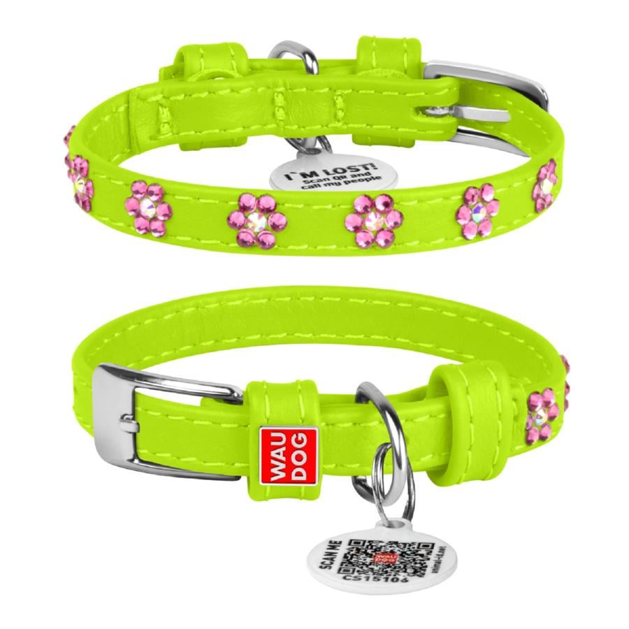 Ошейник для собак кожаный Waudog Glamour Цветочек с QR паспортом с клеевыми стразами XS 12 мм 21-29 см