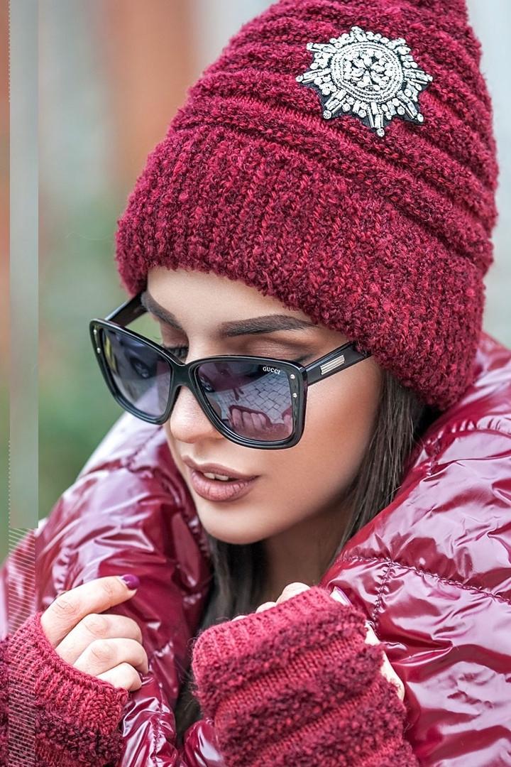 Комплект из трикотажа-букле шапка и митенки Бордовый (223)