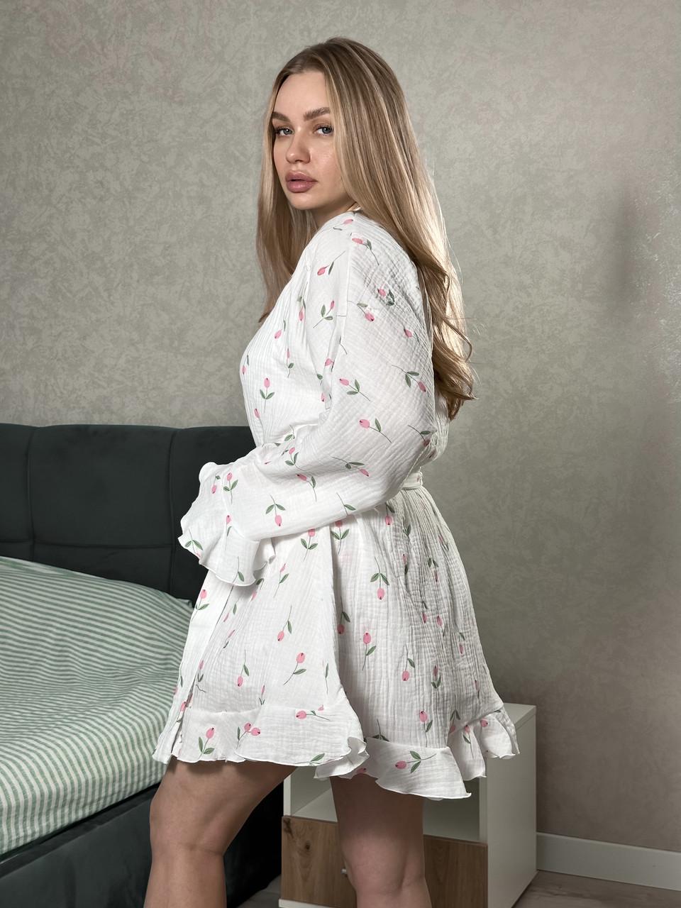 Халат жіночий короткий мусліновий з рюшами Рожевий тюльпан (2526275240) - фото 5