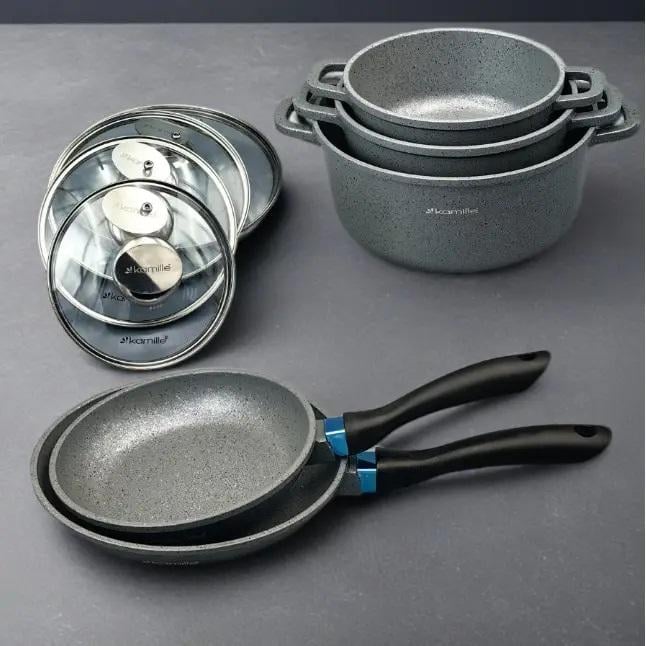 Набір посуду зі скляними термостійкими кришками Kamille КМ-4437 з литого алюмінію із 12-ти предметів Чорний мармур (150-84-4437) - фото 4 Набір посуду зі скляними термостійкими кришками Kamille КМ-4437 з литого алюмінію із 12-ти предметів Чорний мармур (150-84-4437) - фото 4