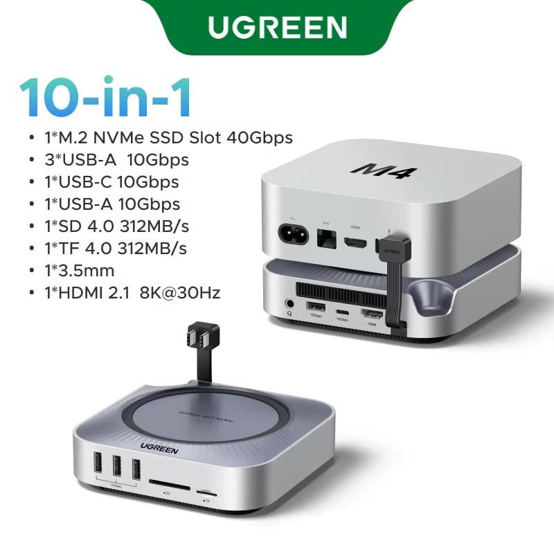 Док-станция UGREEN CM887 для Mac Mini M4/M4 Pro два порта Type-C на M.2 NVMe SSD 40 Gbps HDMI 8K Pro Grey (95503A) - фото 2