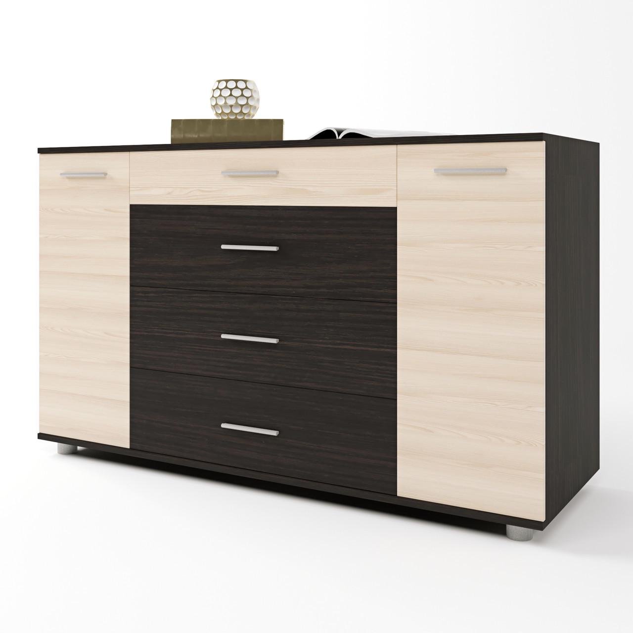 Комод для спальні з висувними шухлядами Еверест Бриз К-6 ролики 130х38х73 см Венге темний/Дуб молочний (21999501) Комод для спальні з висувними шухлядами Еверест Бриз К-6 ролики 130х38х73 см Венге темний/Дуб молочний (21999501)
