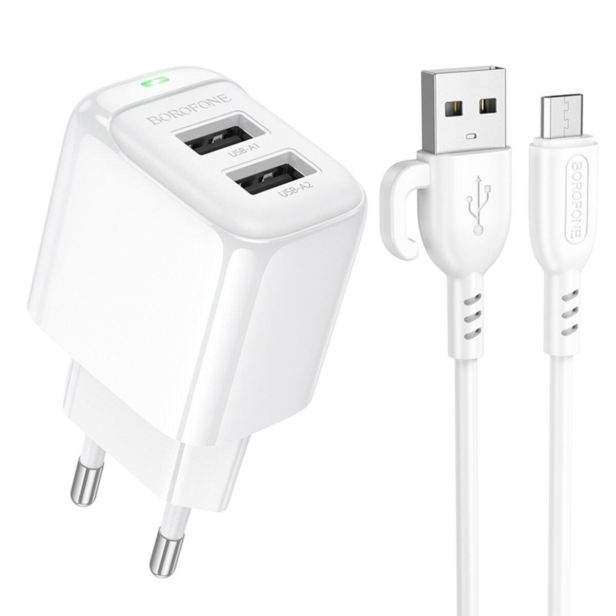 Зарядное устройство с кабелем Borofone BAS41A Potential Dual-Port Charger Set USB to MicroUSB White (6941991113765) Зарядное устройство с кабелем Borofone BAS41A Potential Dual-Port Charger Set USB to MicroUSB White (6941991113765)