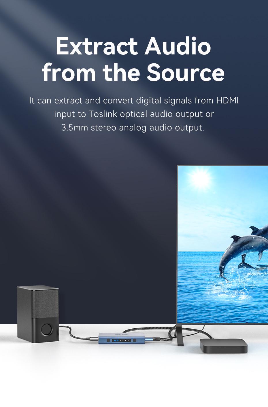 Комутатор HDMI Vention 5x1 з виведенням звуку Toslink 3,5 мм 4K 60Hz HDR HDMI 2.0 алюмінієвий з пультом ДК Синій (AKDL0) - фото 5 Комутатор HDMI Vention 5x1 з виведенням звуку Toslink 3,5 мм 4K 60Hz HDR HDMI 2.0 алюмінієвий з пультом ДК Синій (AKDL0) - фото 5