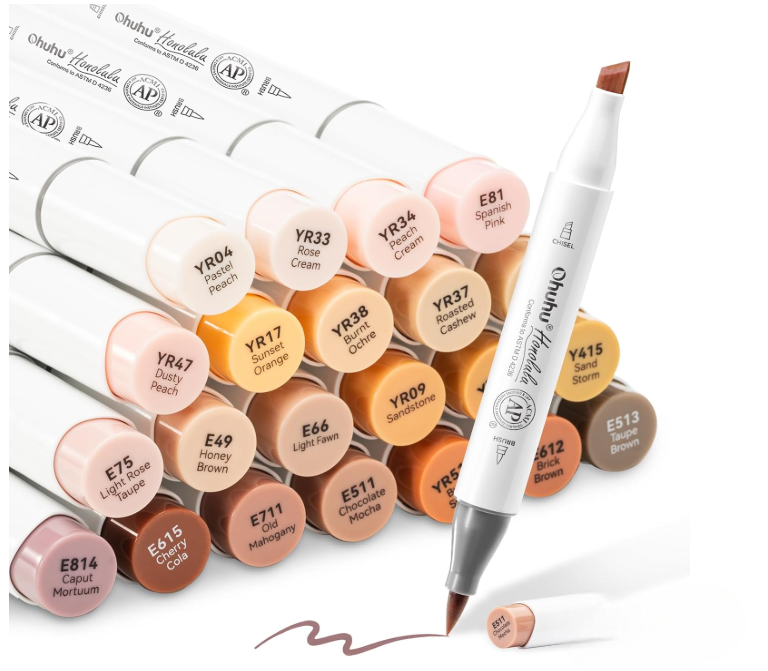 Маркеры для кожи двусторонние Ohuhu Alcohol Markers конец кисточка/косой кончик 24 цвета (2976754194)