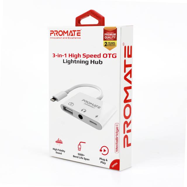 Адаптер Promate MediaBridge-i Lightning/USB 3.0 OTG AUX 3,5 мм 10Вт Lightning-in White - фото 7