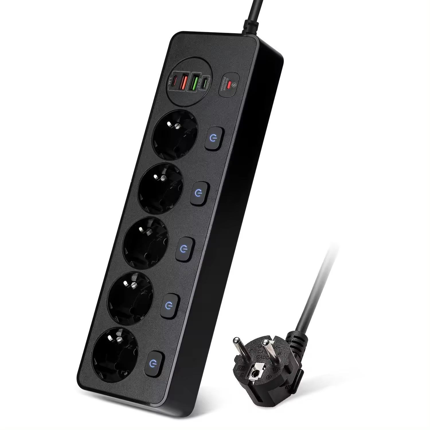 Фильтр сетевой BKL-505 на 5 розеток 1 PD20W/1 QC3.0 1 Type-C/1 USB 100-250V 13А Черный - фото 2 Фильтр сетевой BKL-505 на 5 розеток 1 PD20W/1 QC3.0 1 Type-C/1 USB 100-250V 13А Черный - фото 2