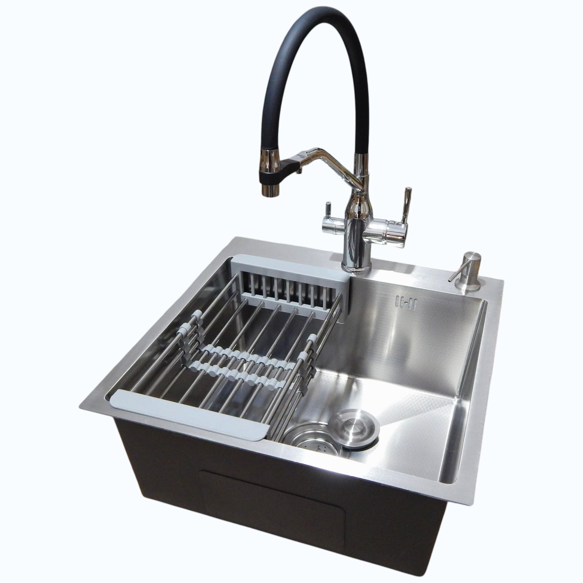 Комплект кухонної мийки Kraft KRF 5050 Handmade HM декор Соти та змішувач Kroner KRP Kuche C03816BLK З гнучким виливом 500х500х220 мм (SM38056)
